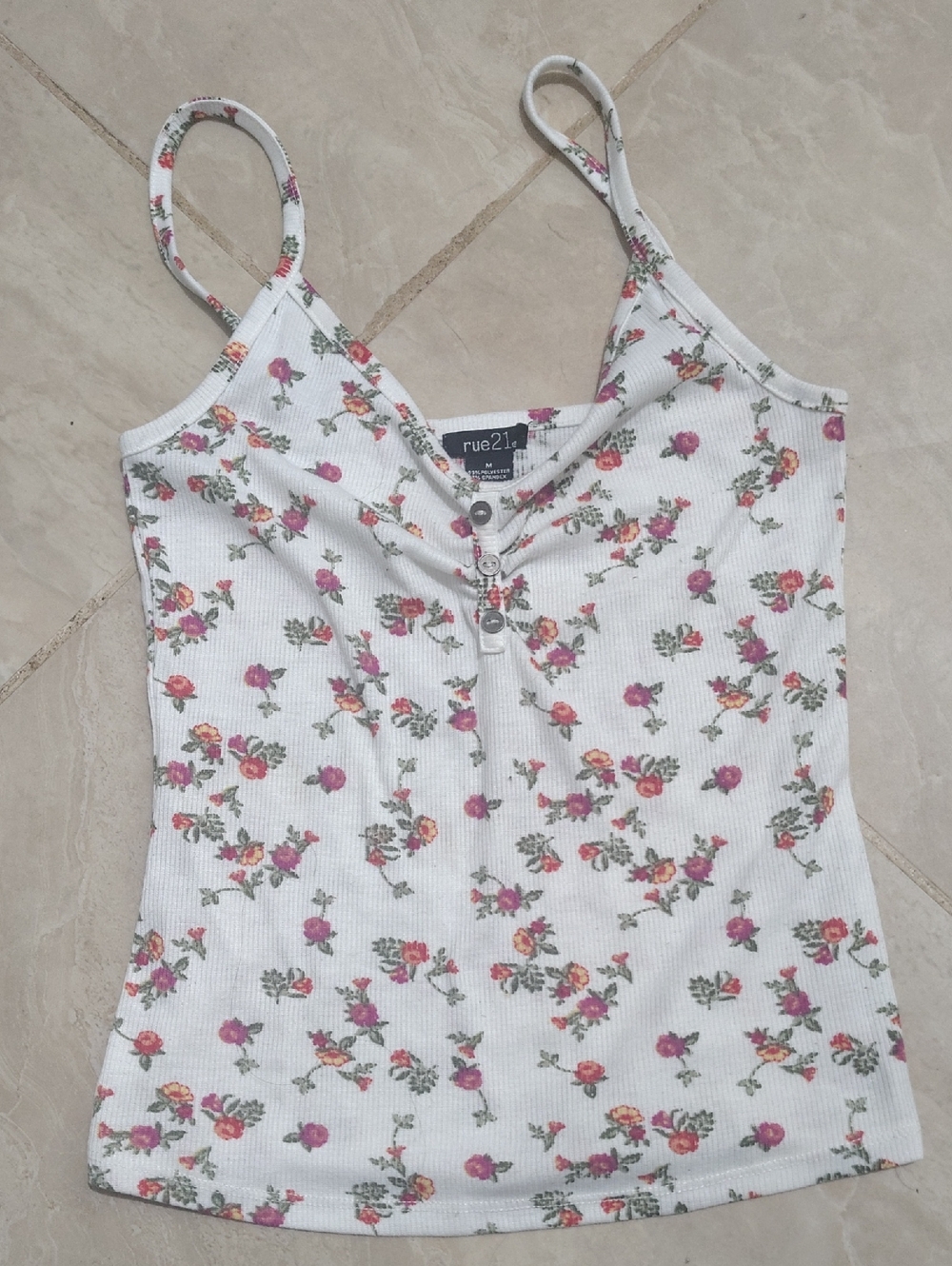 Rue21 White Ribbed Floral Cami with Pink and Orange Rose Print